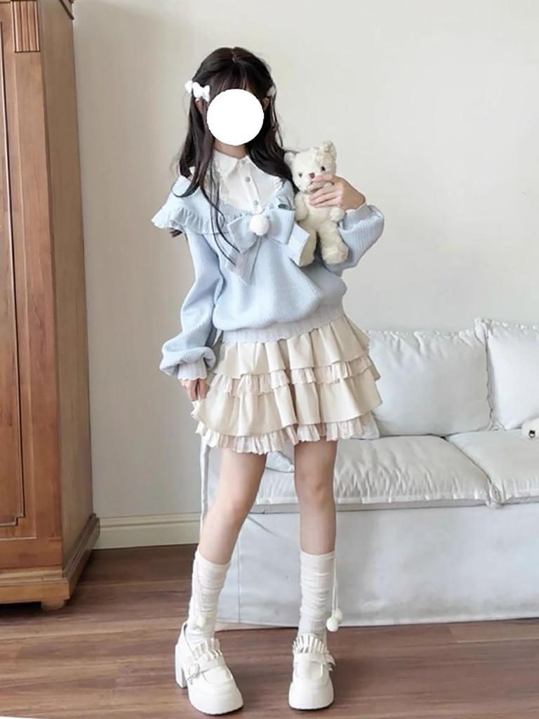 Jundakara Sweater and Mini Perfect for a Mori or Schoolgirl Dreamy Long and Size S Women's 2-Piece Set, Skirt, Open-Shoulder Tiered, Mass-Produced