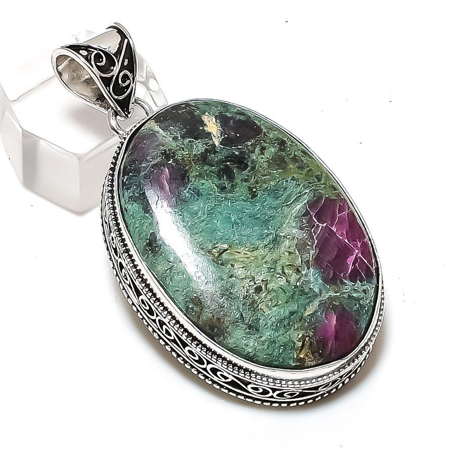 Natural Ruby Fuchsite Gemstone 925 Sterling Silver Jewelry Pendant 2.25" ETC-14664
