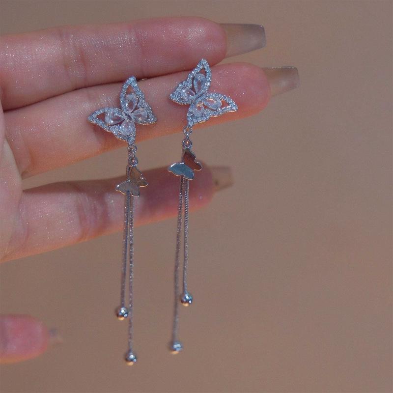 Butterfly Dream Silver Needle Rhinestone Tassel Earrings - Unique Fairy Design