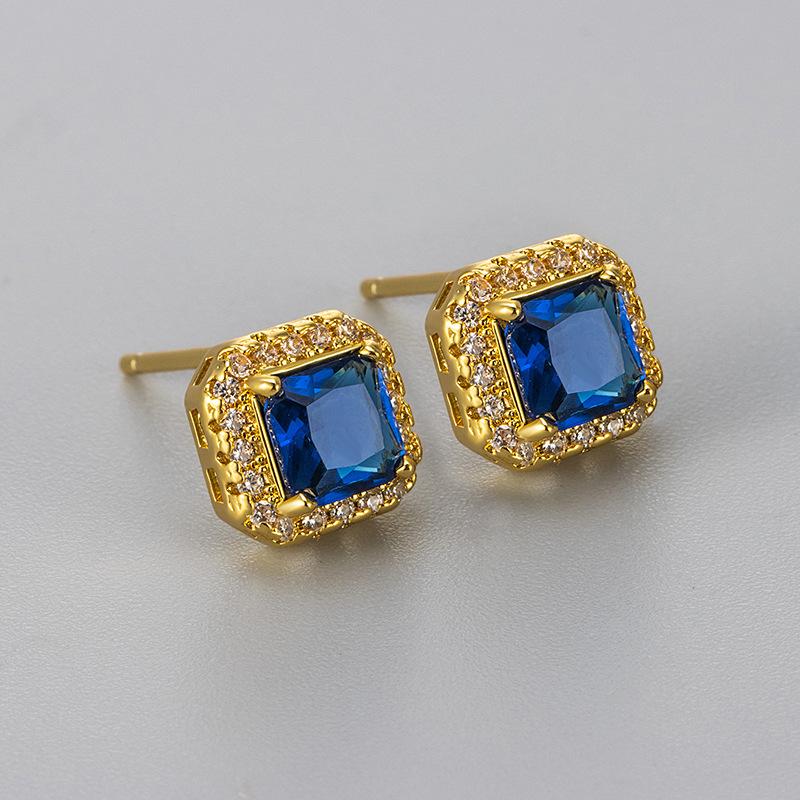 Classic Luxury Shining Zircon Square Color Imitation Gemstone Stud Earrings for Women Trendy Exquisite Stainless Steel Jewelry