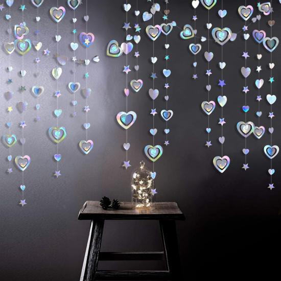 40Ft Iridescent 3D Heart Twinkle Star Garland Holographic Paper Streamer Banner for Birthday Mother's Day Anniversary Engagement Wedding Bridal Baby