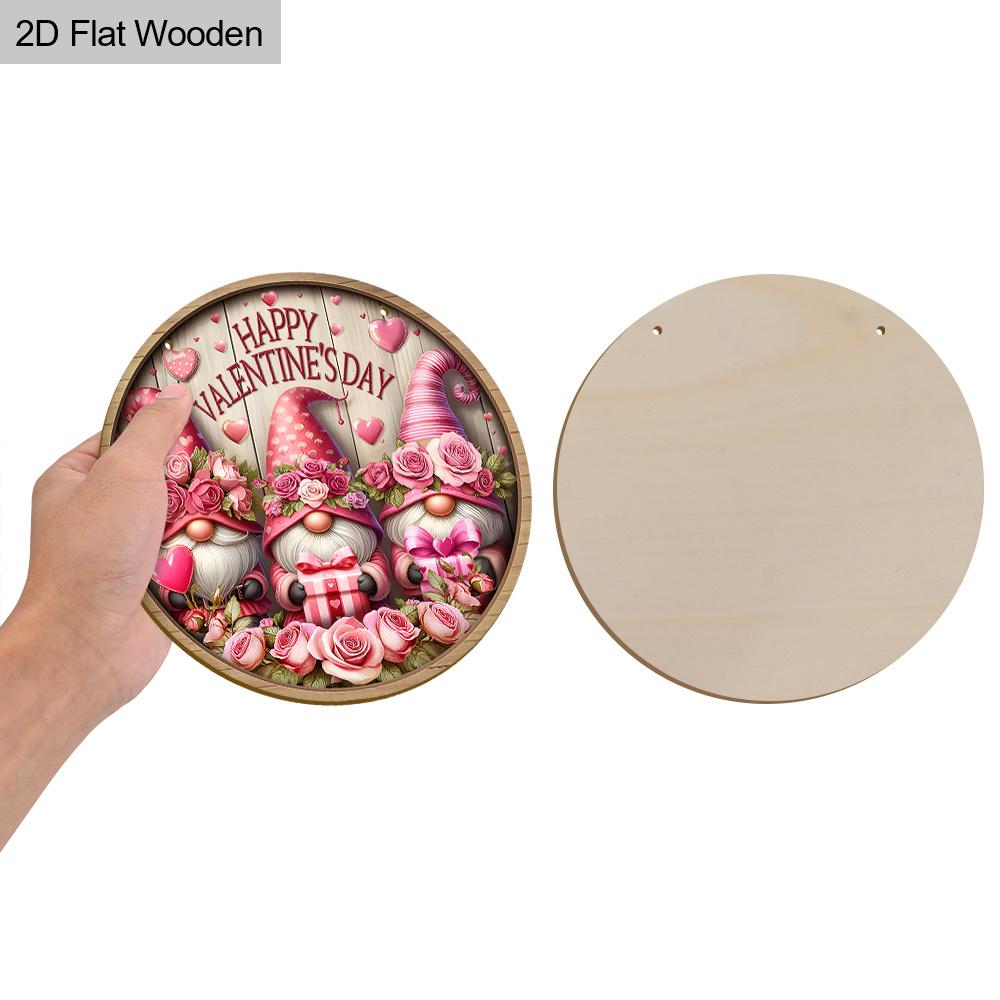 2D Flat Charming Valentine's Day Gnome Sign, 2D Pink Roses Wreath Sign, 7.87 Inch Wooden Round-shaped Hanging Wall or Door Decor, Holiday Party