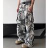 White gray camouflage washed old big pocket jeans men's trendy street versatile loose wide-leg scimitar trousers