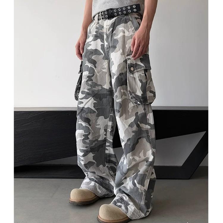 White gray camouflage washed old big pocket jeans men's trendy street versatile loose wide-leg scimitar trousers