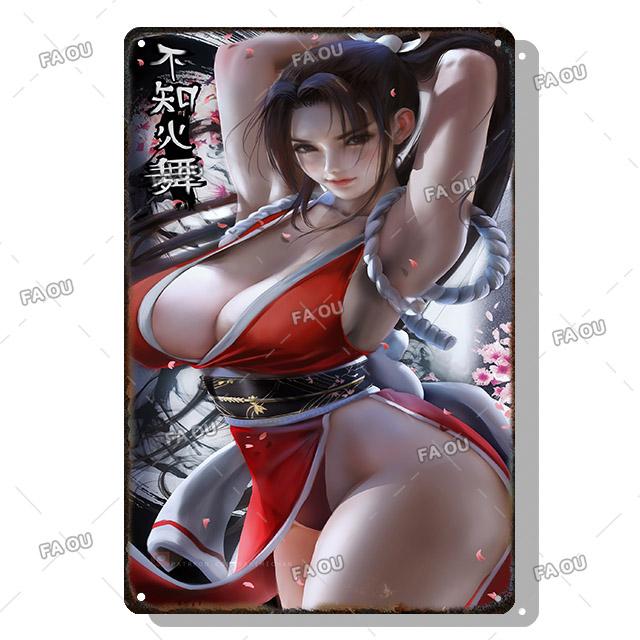 Sexy Anime Girl Metal Plate Game Figure Vintage Tin Sign Bar Club Art Decorative Plaques for Modern Home Room Wall Decor Poster