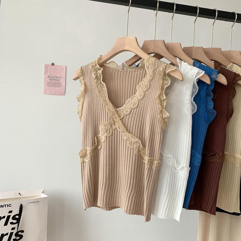 Summer New Sexy Lace Halter Vest Women Inside The Top V-neck Ice Silk Slimming Bottom Knitwear