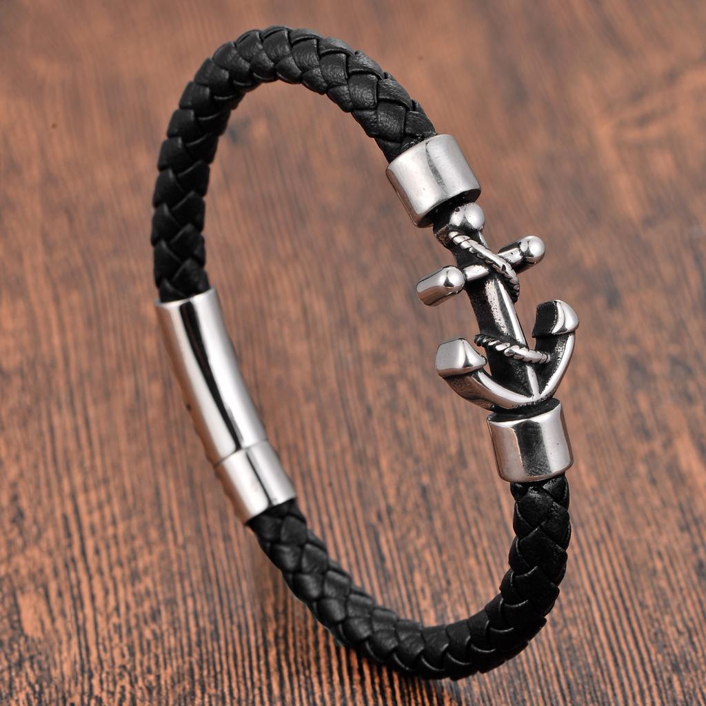 Schwarzes Lederseil Rindsleder Herren Doppellagiges Leder Geflochtenes Armband Handgefertigt Mehrschichtiges Leder Ankerarmband