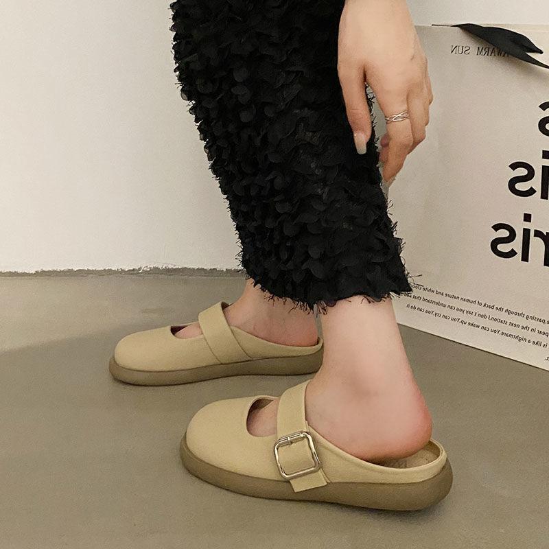 French retro bag head silver half slippers women's 2025 new soft bottom flat bottom one pedal slippers women's summer wear