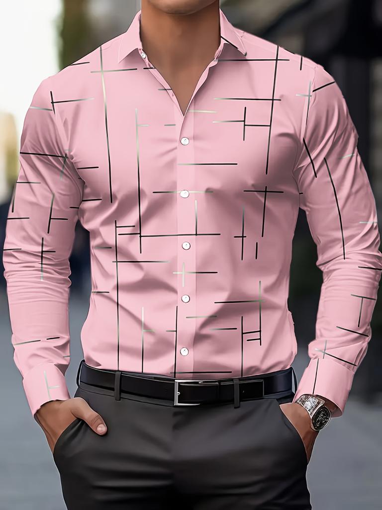 Herren Freizeithemd mit geometrischem Print, Langarm - Atmungsaktives Button-Down-Hemd
