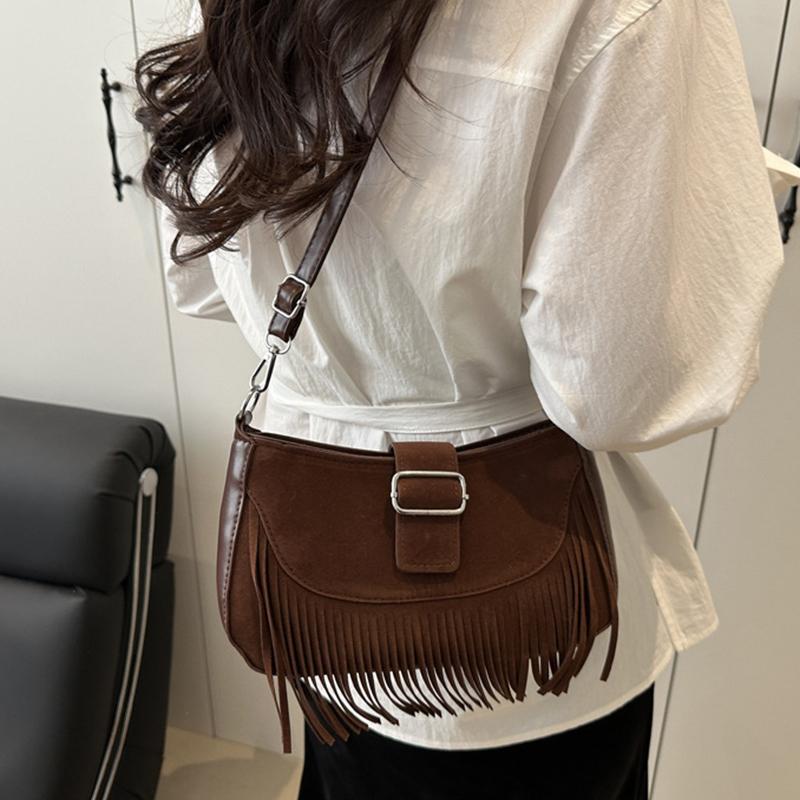 Vintage Tassel Crossbody Bags For Women's Gift, Casual Adjusted Strap Fringe Shoulder Bag For Daily Used/Leisure Vacation