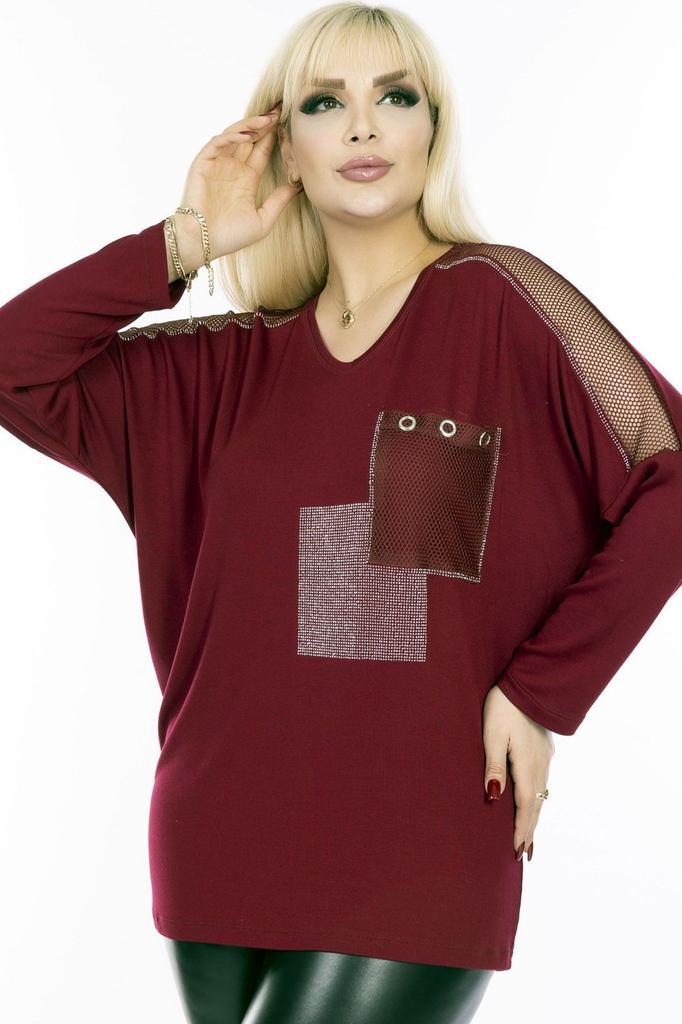 Damen-Bluse in großen Größen, V-Ausschnitt, Tasche und Ärmel, Mesh-Detail, Steinstickerei, lange Ärmel, bequeme und fließende, flexible Bluse