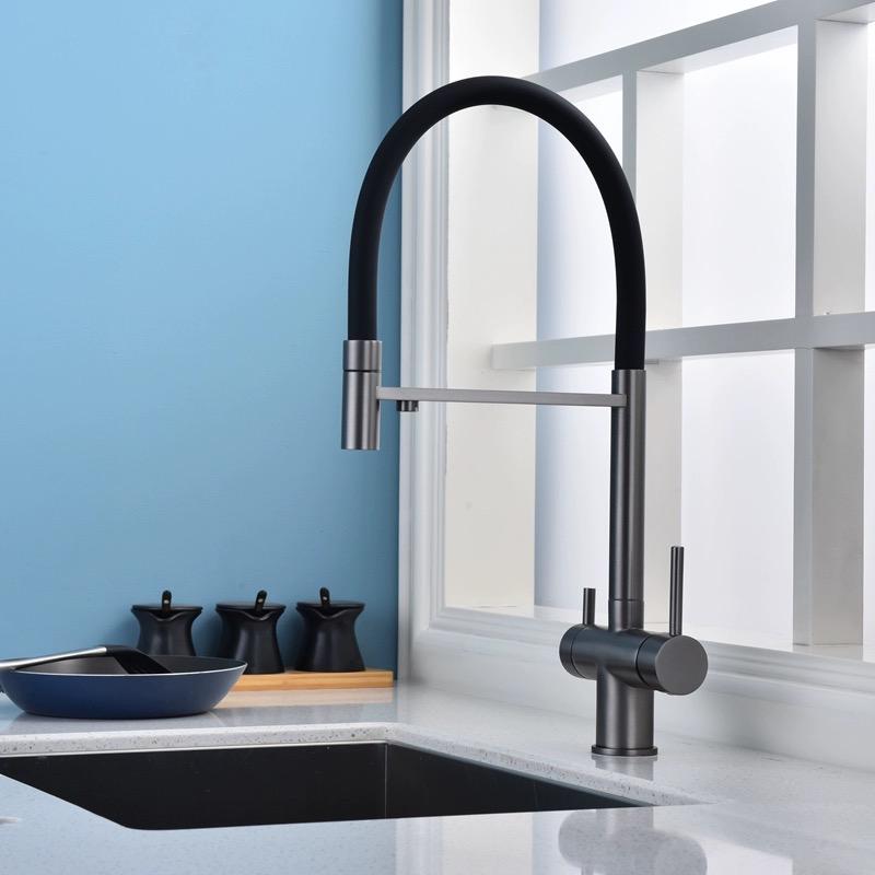 Gray Pull Down Filter Kitchen Faucet Brass Purification Hot And Cold Water Mixer Tap 3 Way Drinking Pure Water Faucets