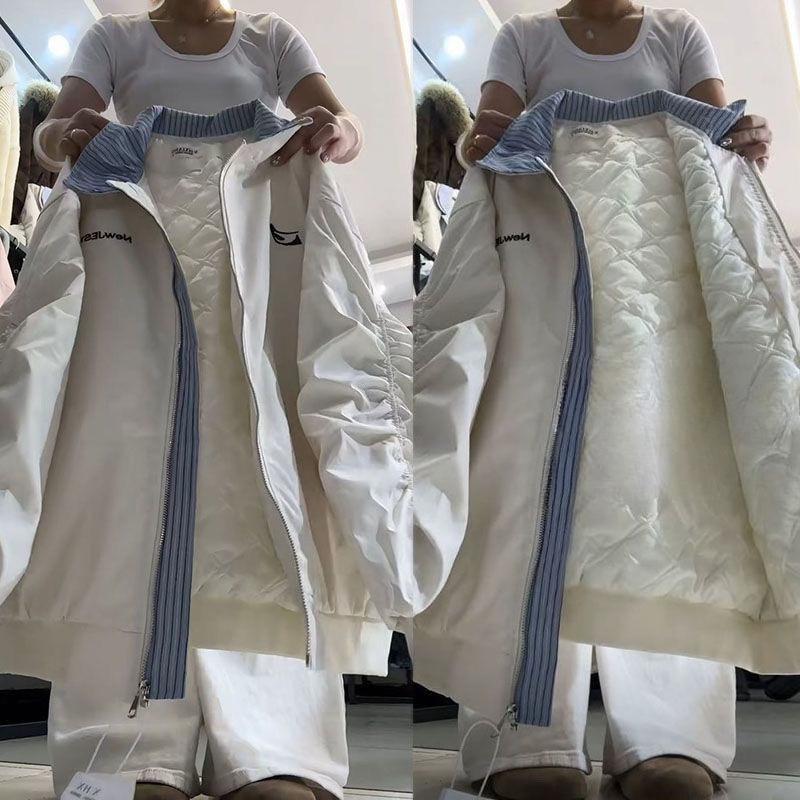 Winter Thickened Embroidered Baseball Jacket Retro American Style  Warm Coat for Women