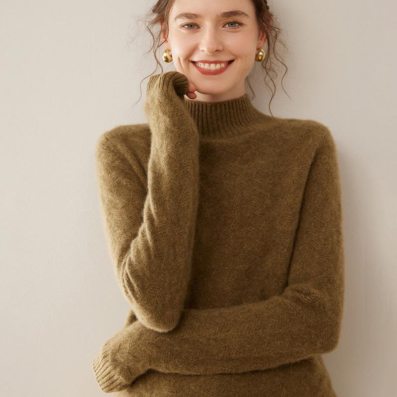 Twisted Flower Half-High Collar Cashmere Knit Sweater - Women's Loose Solid Color Casual Pullover, Long Sleeve Warm Top