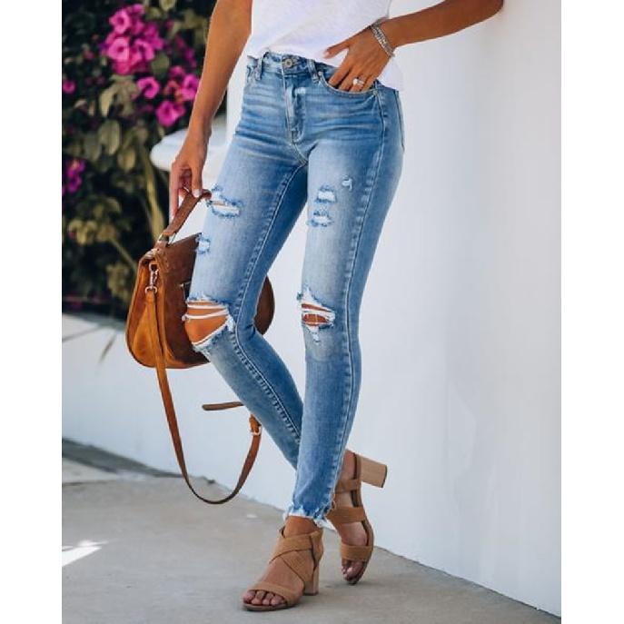 

2024 Европейские и американские рваные, облегающие, выстиранные и рваные брюки с короткими штанинами, женские джинсы, длинные брюки XXL светло-синий