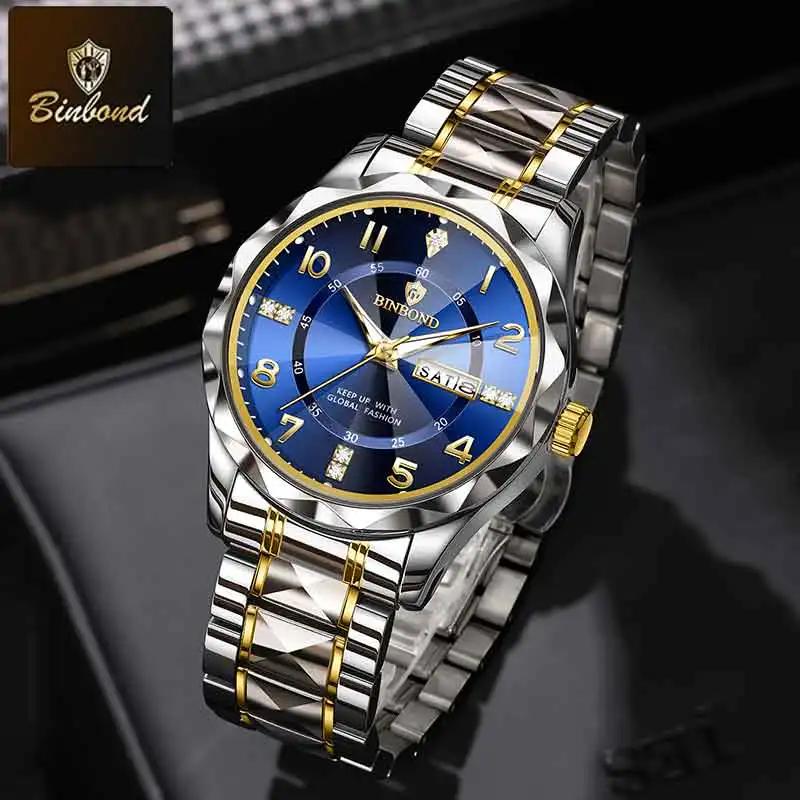 BINBOND New Men Watch Rhombus Mirror Original Quartz Watch for Man Waterproof Luminous Stainless Steel Wristwatch Male Date Week
