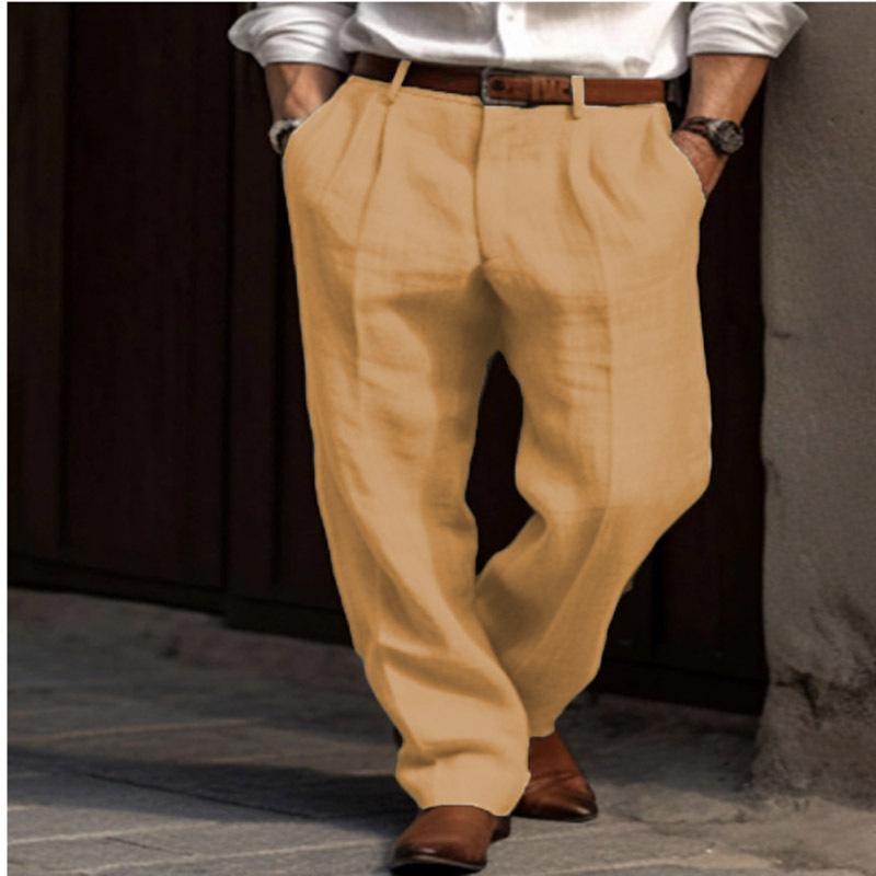 Men's Linen Pants Double Pleated Front Pockets Straight Tube Solid Comfortable Breathable Leisure Vacation Blend Fashion
