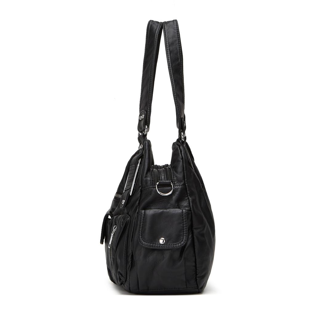 Ladies' Fashionable Retro Lychee Patterned Tote Bag, Large Capacity Washed Multi Pocket Shoulder Bag