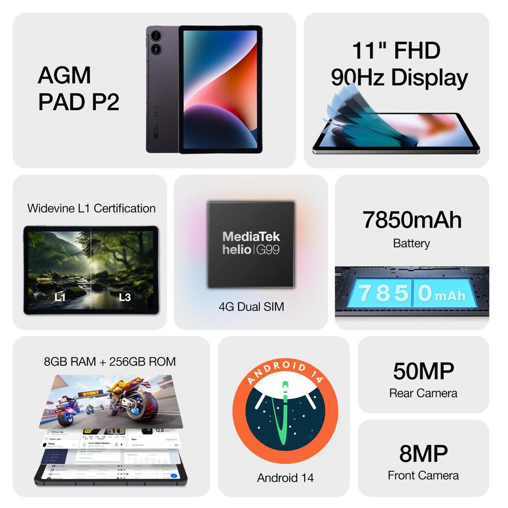 AGM PAD P2 Android 14 4G LTE Tablet PC 11" 8GB+256GB 7850mAh Netflix Widevine L1