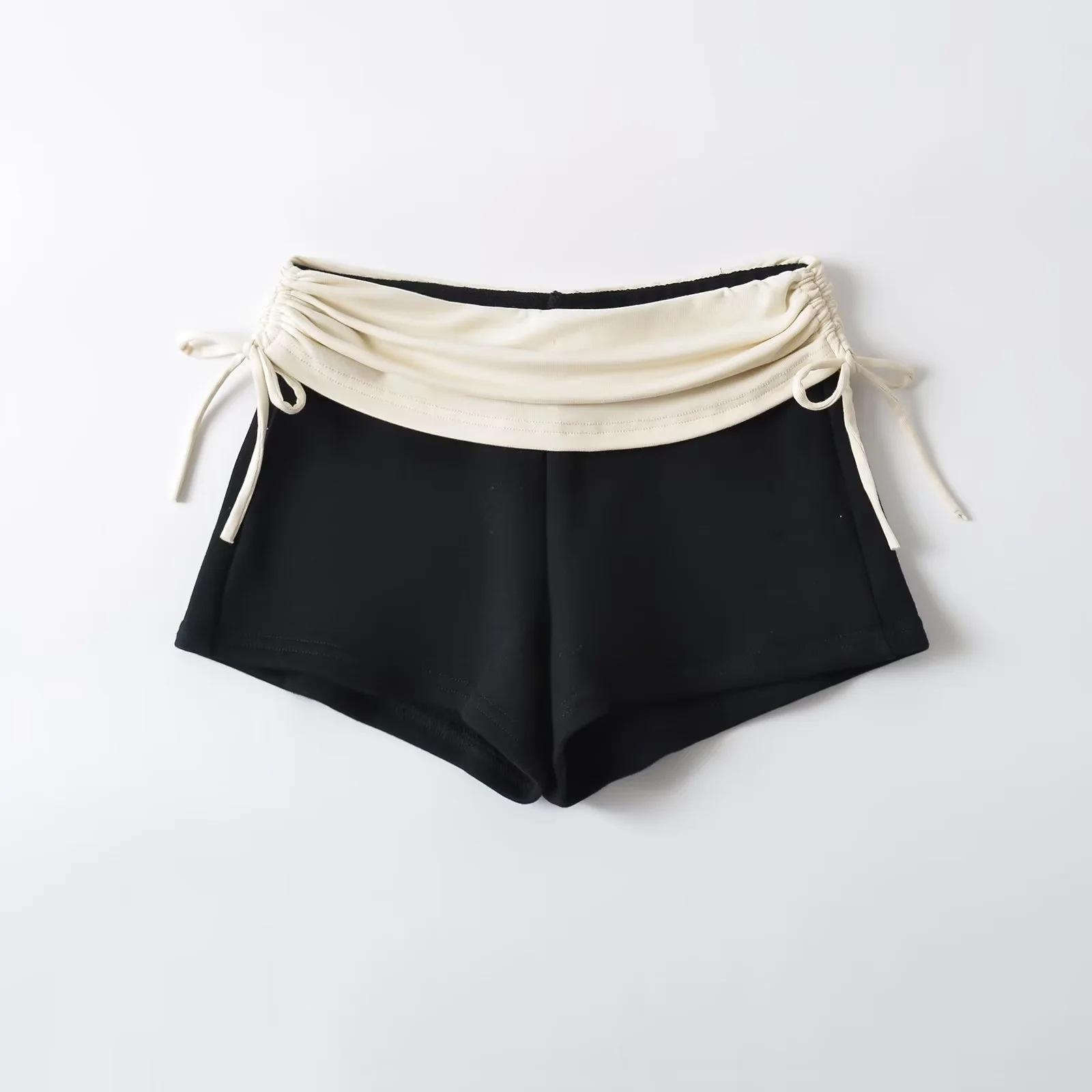 

2025 сексуальные обтягивающие шорты на шнурке, пикантный стиль для девушек, женская одежда, контрастные цвета, обтягивающие брюки, сексуальные обтягивающие бедра, шорты S чёрный