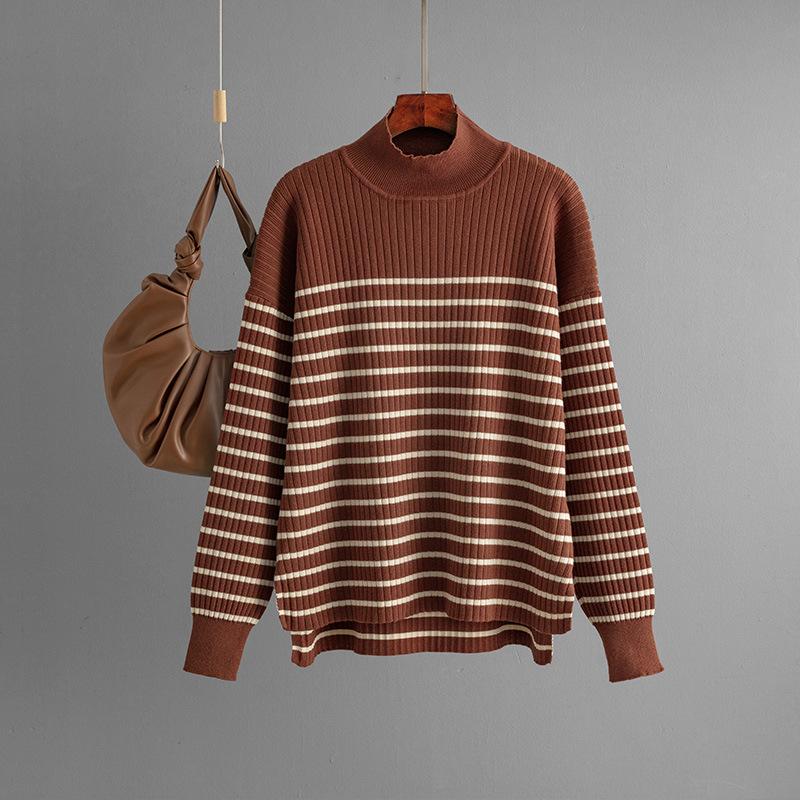 Fall Winter Lazy Wind Loose High Collar Pulllover Sweater Suit Women's Stripe Long Sleeve Knit Wide Leg Pants Two Piece Set