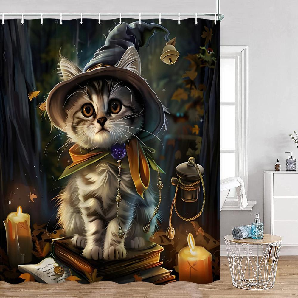 Grappige Katten Douchegordijn Katten Rijden op Haaien Cool Schattige Katten Honden Bloemen Zomer Badkamer Decoraties Polyester Badgordijn
