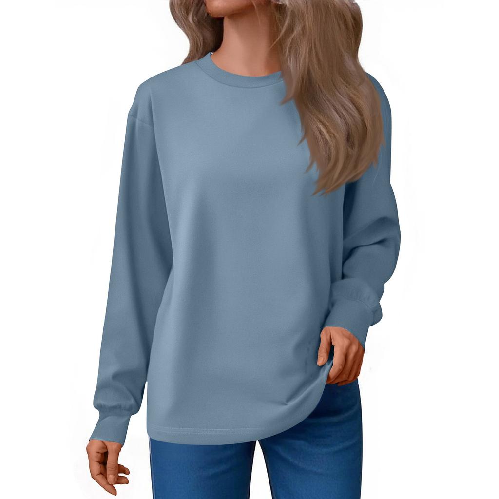 Women's Fashion Loose Round Neck T-Shirt Solid Color Casual Long Sleeve Top