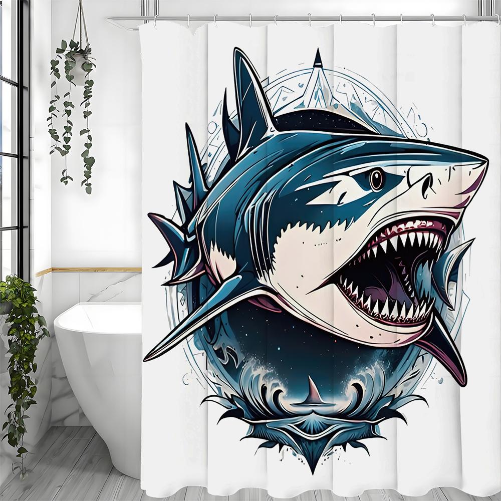 Fierce Shark Shower Curtain, Bathroom Decorative Shower Curtain, Waterproof Shower Curtain with Hooks