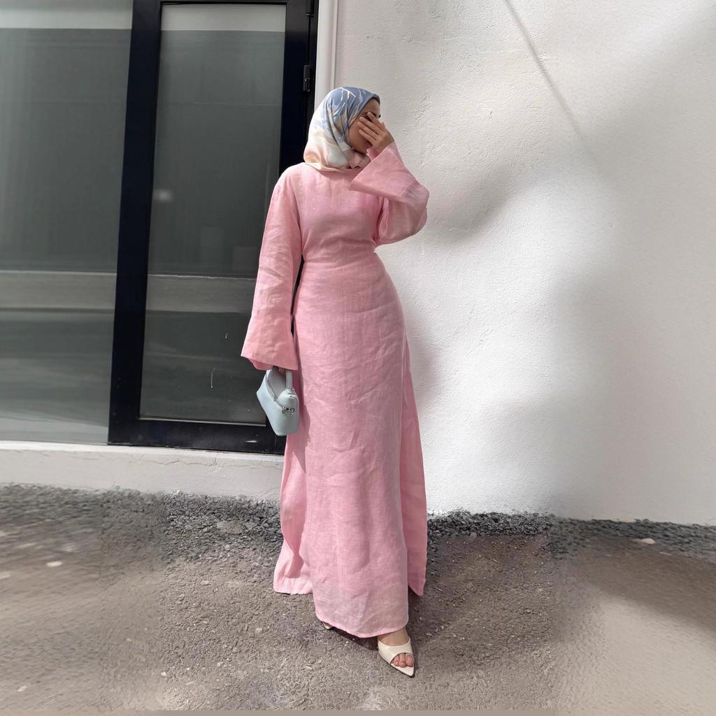 Spring and Summer Women's Clothing Foreign Trade New Temperament Round Neck Long Sleeve Waist Lace-up Dress Horn Sleeve Long Dress