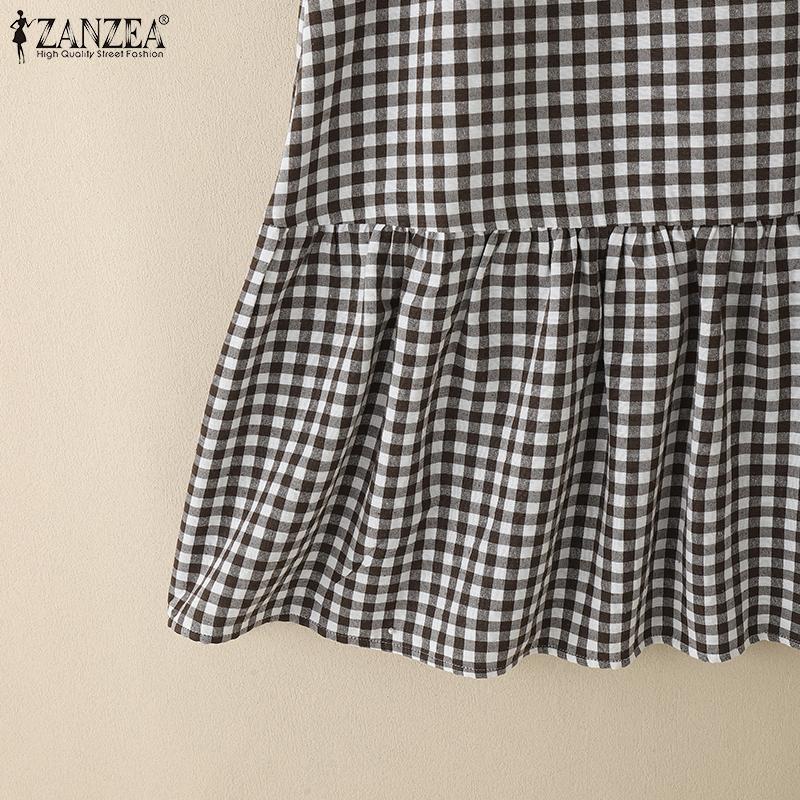 ZANZEA Women Floral Print Patchwork Summer Sleeveless Plaid Dress