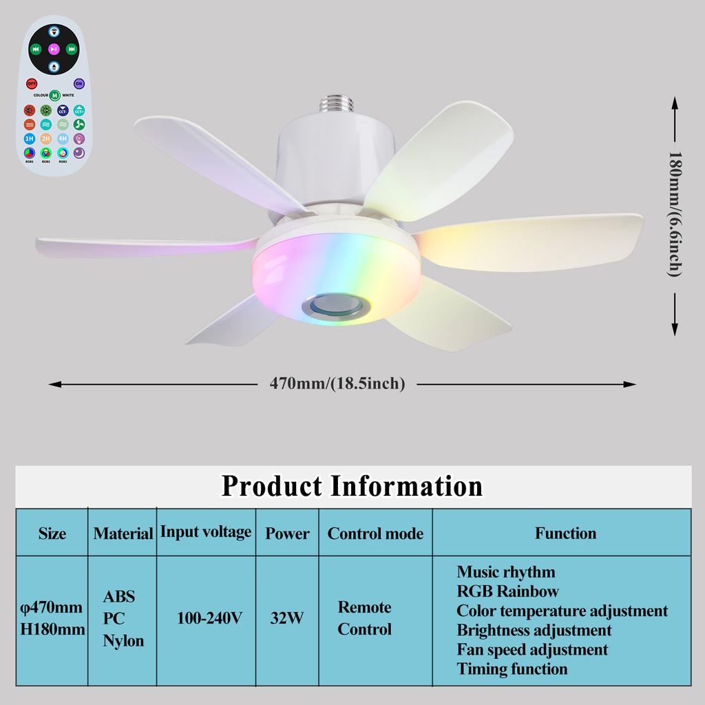 Smart Rgb Rainbow Music Rhythm Speaker Led Ceiling Fan with Dimmable Light  Remote Control 3 Speeds Timer