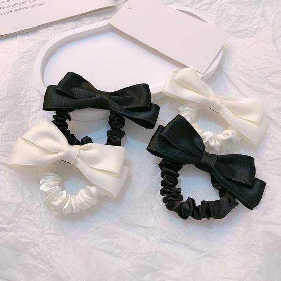 Hair Tie High Elastic Smooth Satin Hair Rope with Hand-Sewn Bow Decor French Retro Style Ponytail Holder Hair Accessories