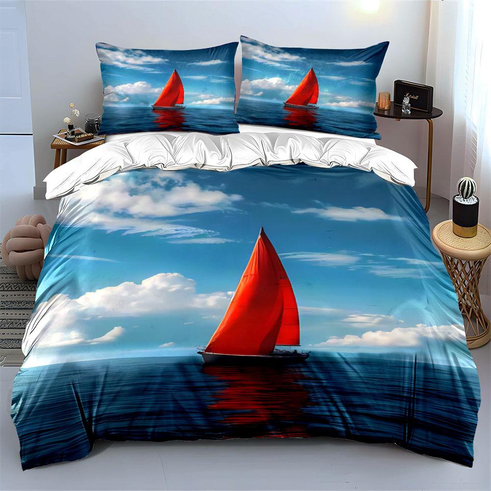 Red Sailboat Ocean Bedding Set Bedding Duvet Cover Set Duvet Cover Pillowcases (1 * Duvet Cover 2 * Pillowcases, Without Duvet Insert)