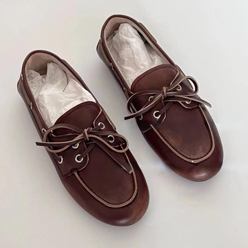 Women'S Loafers Autumn And Winter New Bow Shallow Mouth Sailing Shoes Women'S Casual Retro Brown Lace-Up Loafers Flat Shoes