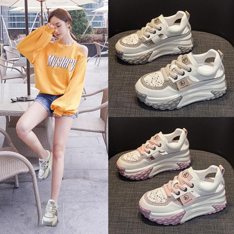 Leather Hollow Dad Shoes Women's Summer 2025 New Retro Lightweight Inner Height Increase Casual Sports Shoes Platform Sandals