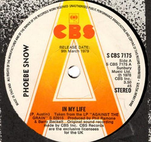 

7inch Record PHOEBE SNOW - In My Life SCBS7175PROMO CBS 1979 UK Rock Used