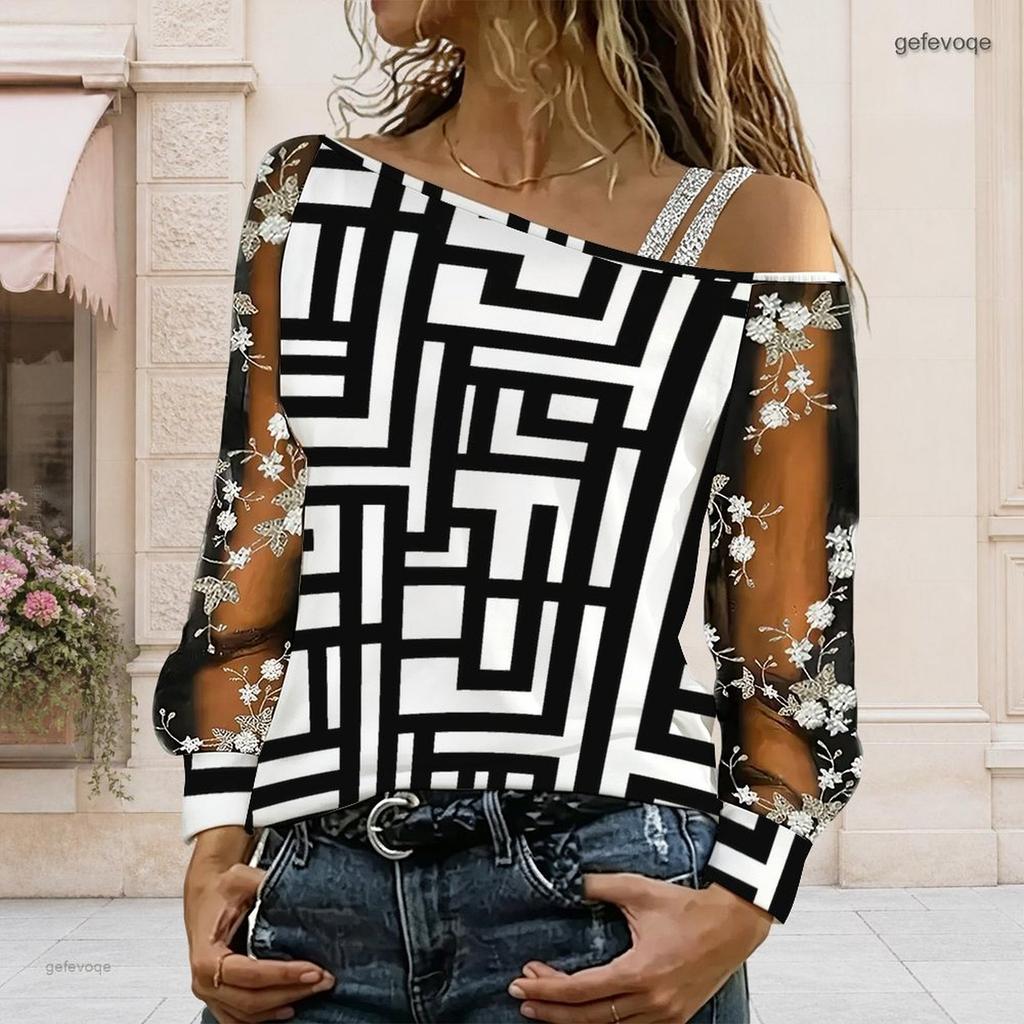 Women Plus Size Asymmetric Cold Shoulder Geometric Printed Long Sheer Floral Sleeve T Shirt