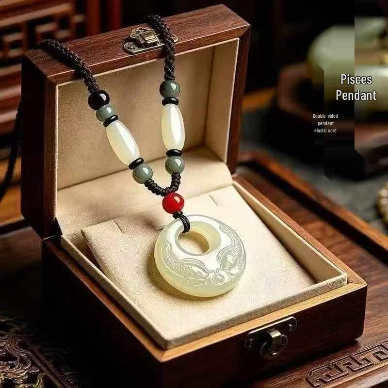 Imitation Hetian White Jade Fish Pendant Sweater Chain - Unisex