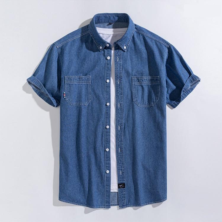 Men Summer High Quality Pockets Shirt Men Clothing Men s Denim Shirts Short Sleeve Cotton Slim Cotton Jeans Denim Shirts M небесно-голубой