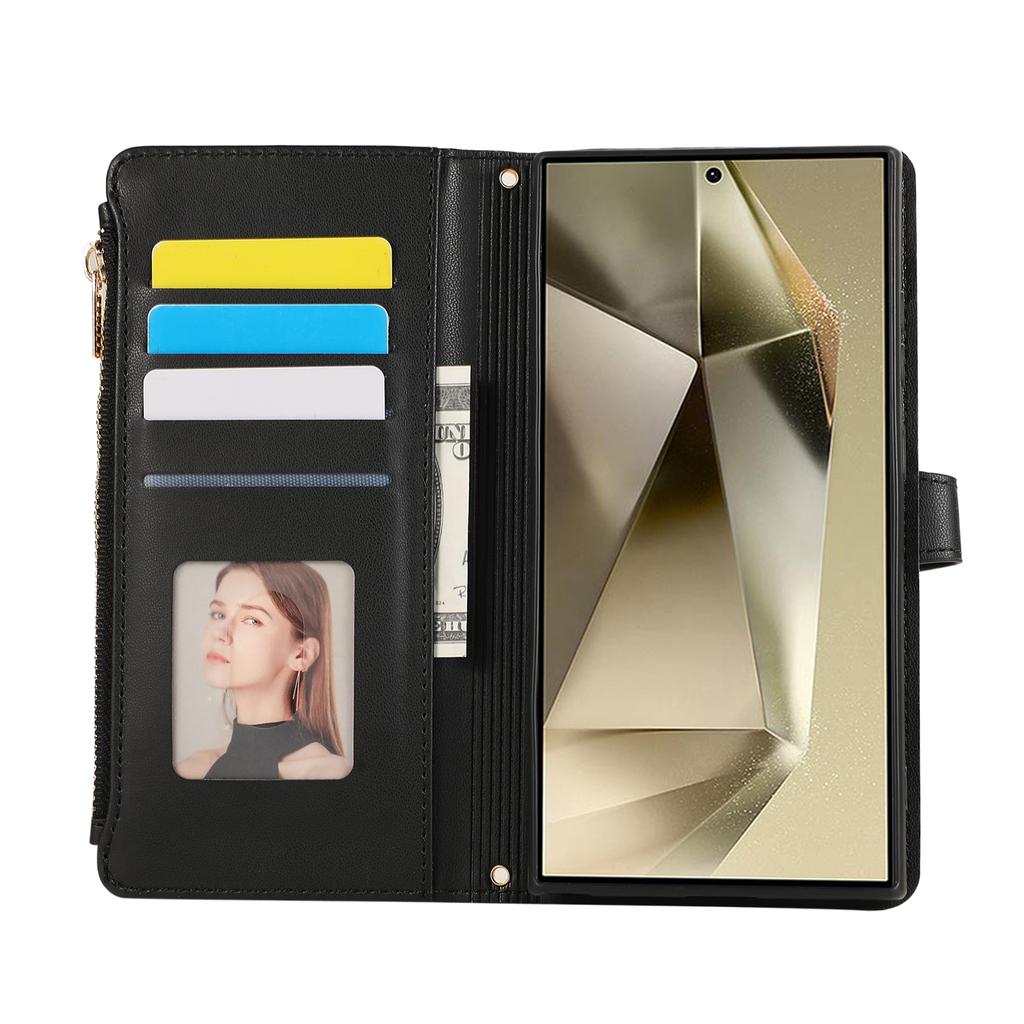 For Samsung Galaxy S24 Ultra Case Multi Card Slots Zipper Rhombus Leather Phone Cover with Wrist Strap