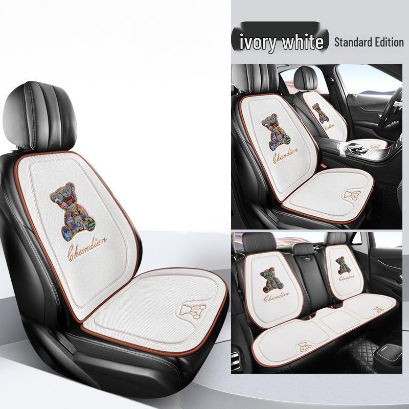 Four Seasons Universal Linen Car Seat Cushion - Cartoon Bear, Breathable, Half-Wrap Rear Seat Cover