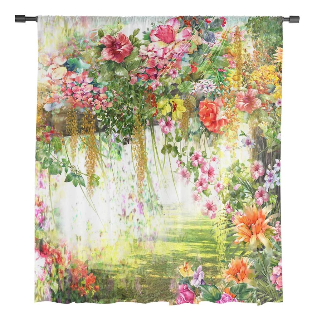 Oil Painting Style Spring Flowers Tulle Window Curtains Living Room Organza Sheer Voile Curtain Bedroom Kitchen Home Decor Drape