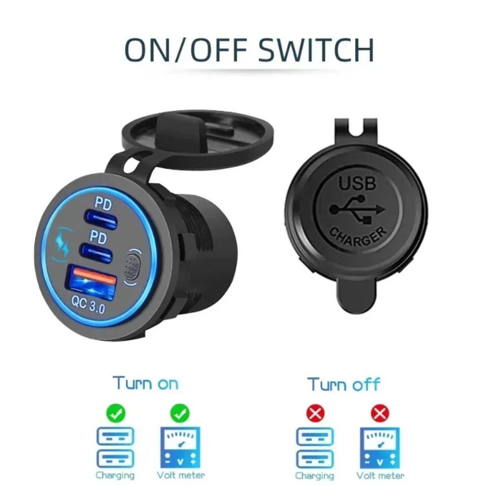 Dual PD & QC 3.0 3-Ports Quick Charge 112W Aperture Car Fast Charger Outlet Socket For 12V 24V Motorcycle Boat Marine Truck ATV