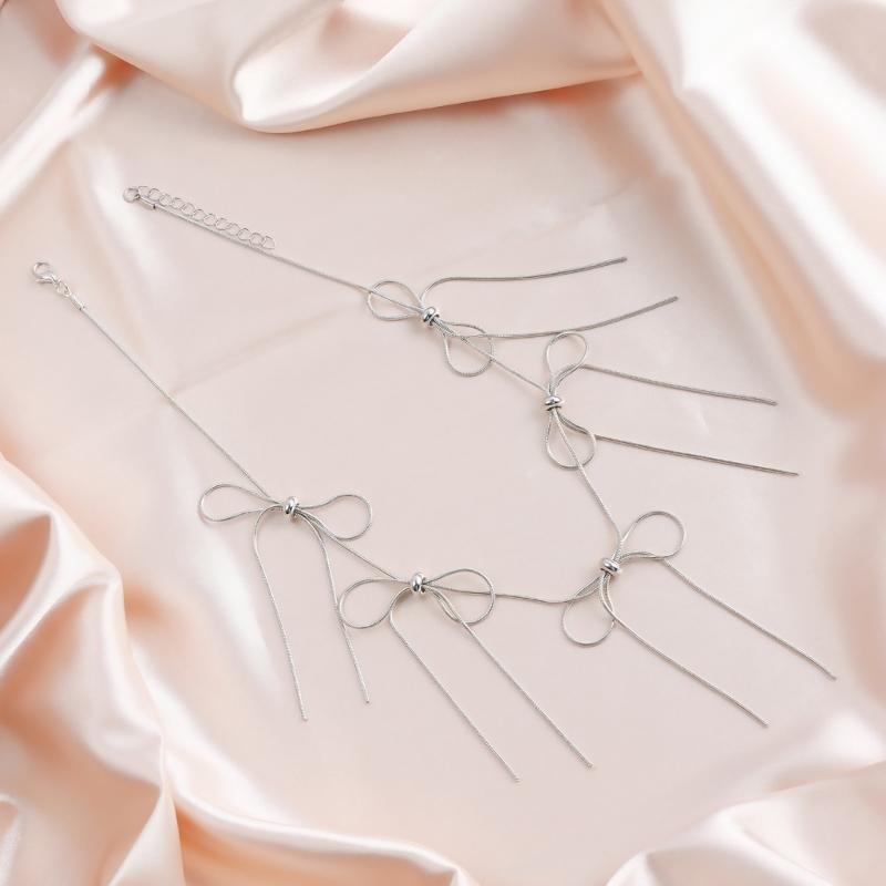 Delicate Tassels Bowknot Necklace for Women Snake Chain Sweater Choker Temperament Clavicle Chain Handmade Jewelry Gift