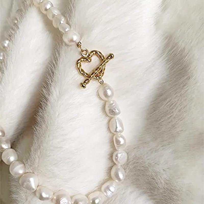 HENGSHENG Cultured Pearl Choker 7-8.5mm Handpicked Pearls Strand Necklace for Women Jewelry Gold Love Heart Clasp