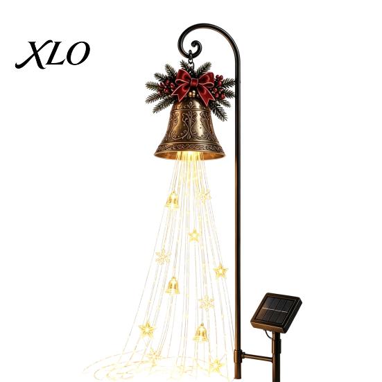 Bronze Bell Lawn Ornaments Solar Christmas Waterfall Light, LED Metal Garden Stake with Red Ribbon, Decorations for Lawns Auto On/Off, Waterproof