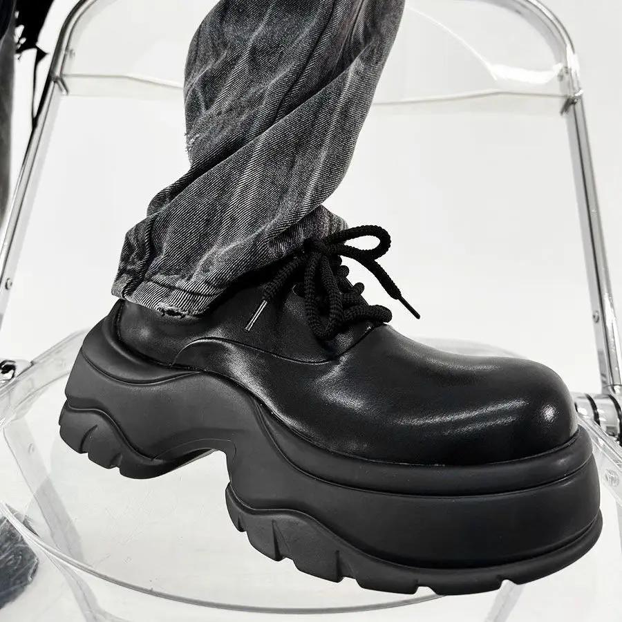 

2024 Новые туфли Derby Matte British Round Head с толстой подошвой, кожаные туфли Muffin, полностью черные, спортивные туфли для папы, мужские 45 чёрный