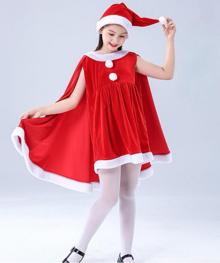 MiniAya Tomtekostym för Flickor, Juloutfit med Kappa och Hatt, Söt Röd och Grön Poncho, Fluffig Jultomtekostym för Flickor, Perfekt