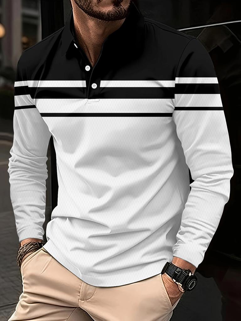 New classic striped printed polo shirt for men, long-sleeved, autumn casual and comfortable, suitable for button polo shirt, str