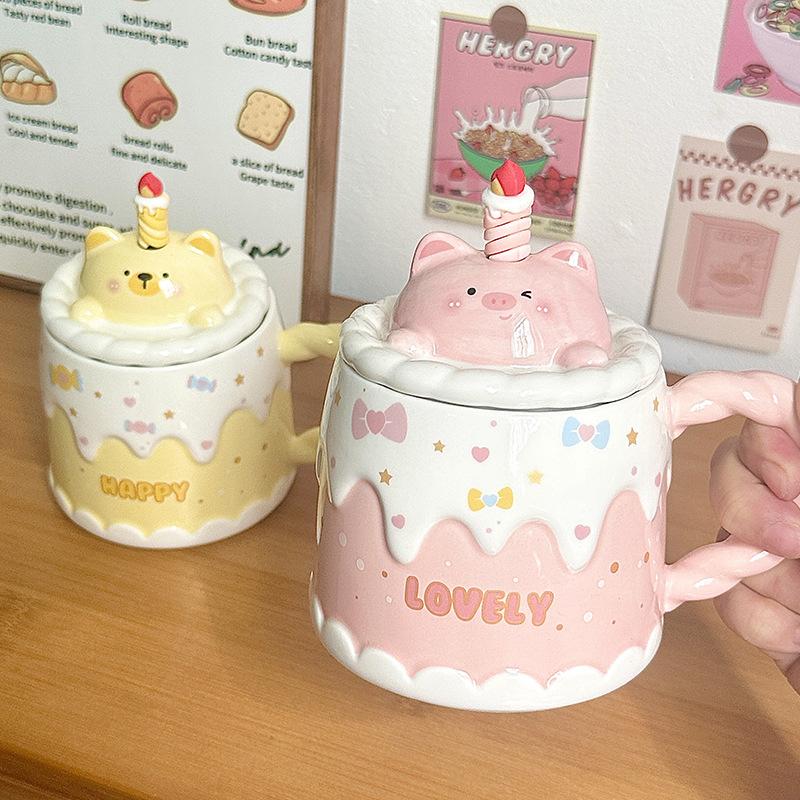 Cartoon Ceramic Mug With Lid Cake Milk Mugs Coffee Cups Tea Water Cup Birthday Christmas Gifts For Friends Drinkware
